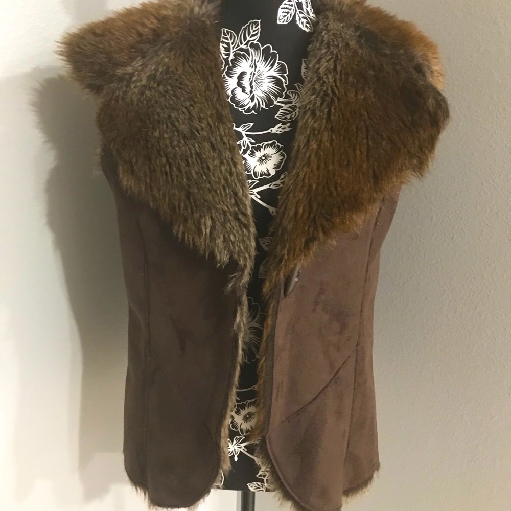 Fever 2 Way Reversible Faux Fur Faux Suede Vest Teddy Bear Brown Sz Med NEW